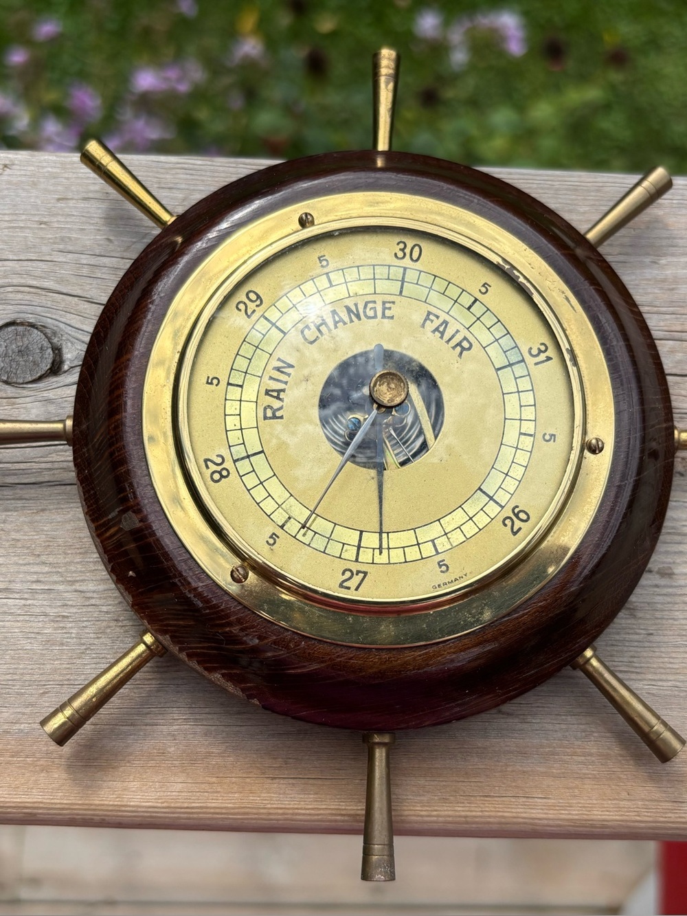 Vintage Nautical Ships Wheel Aneroid Barometer Wood & Brass -Germany